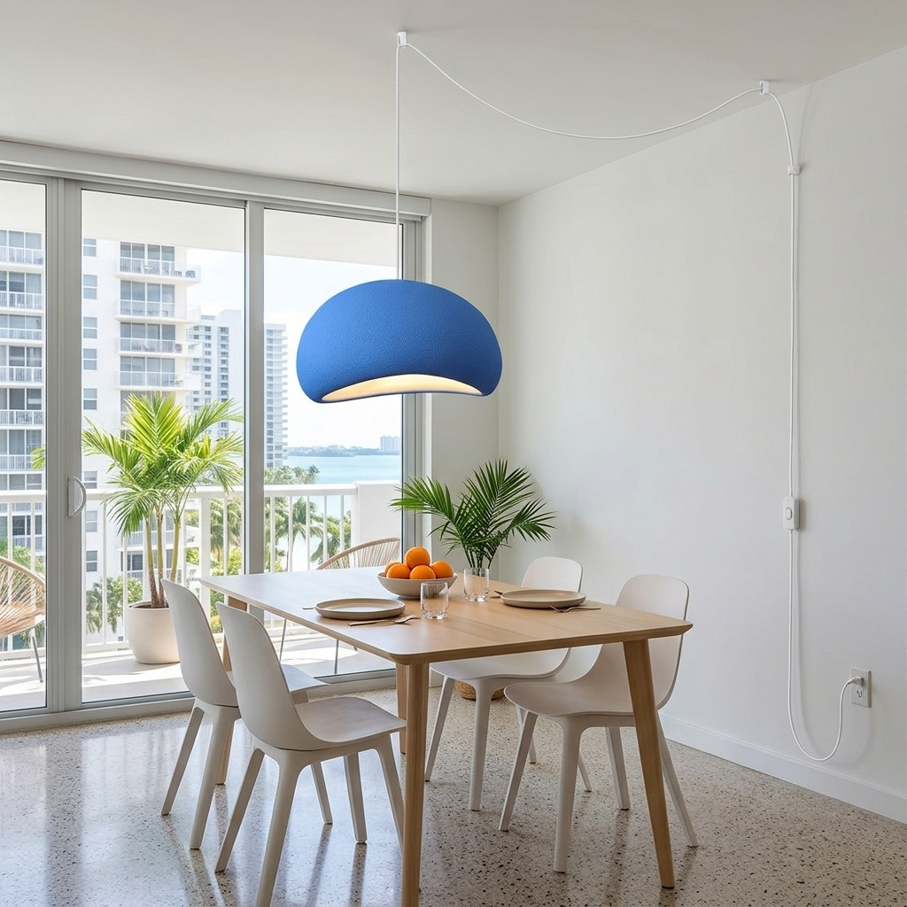 Thessaly cloud plug-in swag pendant light in Blue over a dining table in an apartment kitchen