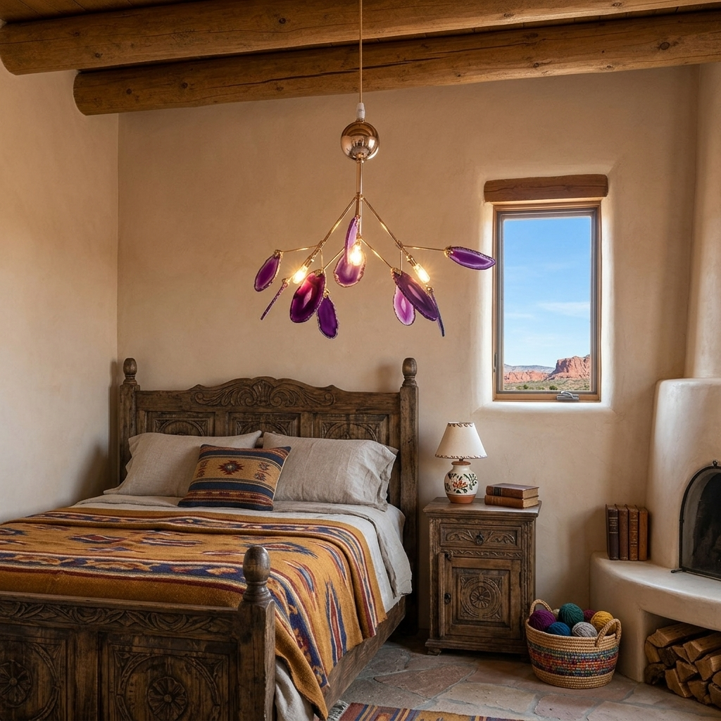 Calliste 4-head purple agate rose gold chandelier over a nightstand in a Santa Fe adobe bedroom