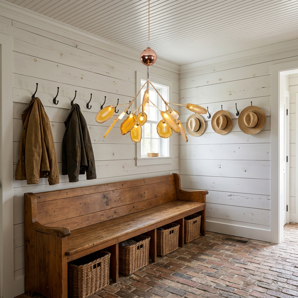 Calliste 4-head yellow agate rose gold chandelier in a Lancaster farmhouse mudroom entry