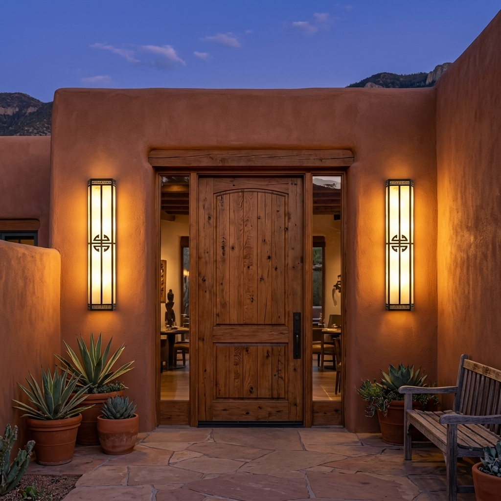 Wrenna alabaster outdoor wall lights at a stucco restaurant entrance