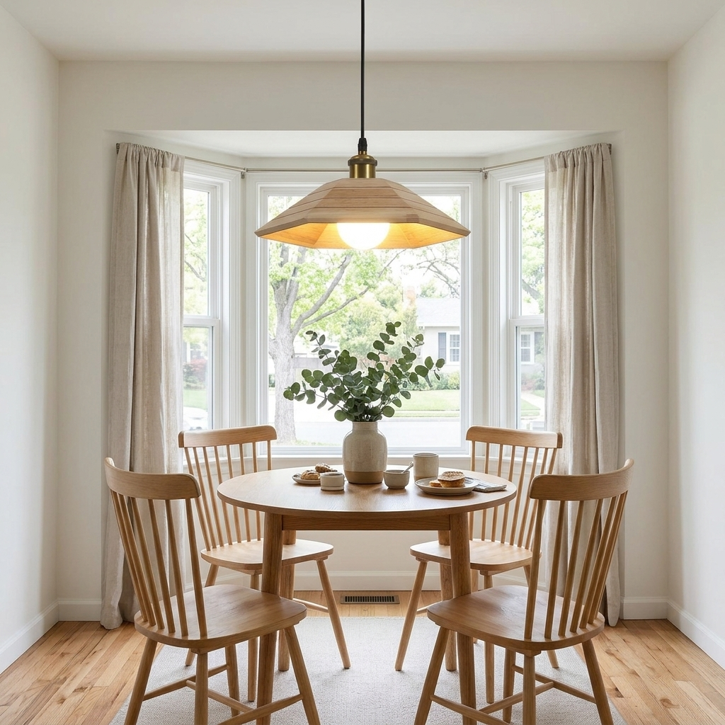 Vespera pendant light in Nature Wood over a breakfast nook table
