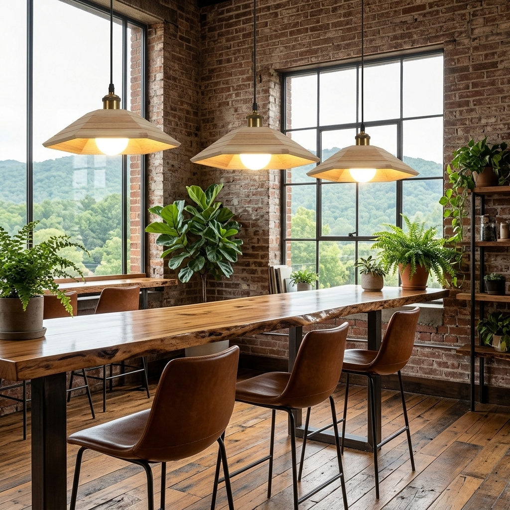 Vespera pendant lights in Nature Wood over a cafe table
