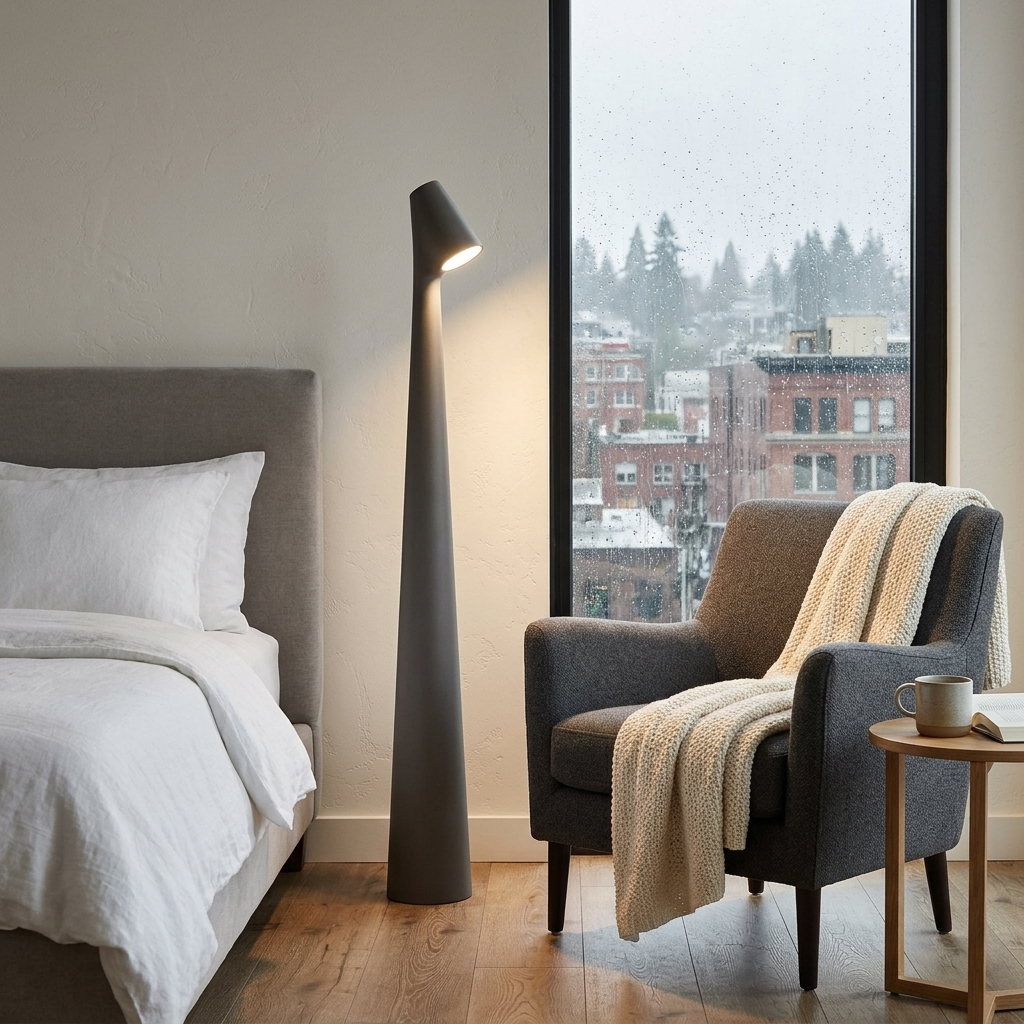Yselle conical floor lamp in Grey in an apartment bedroom corner