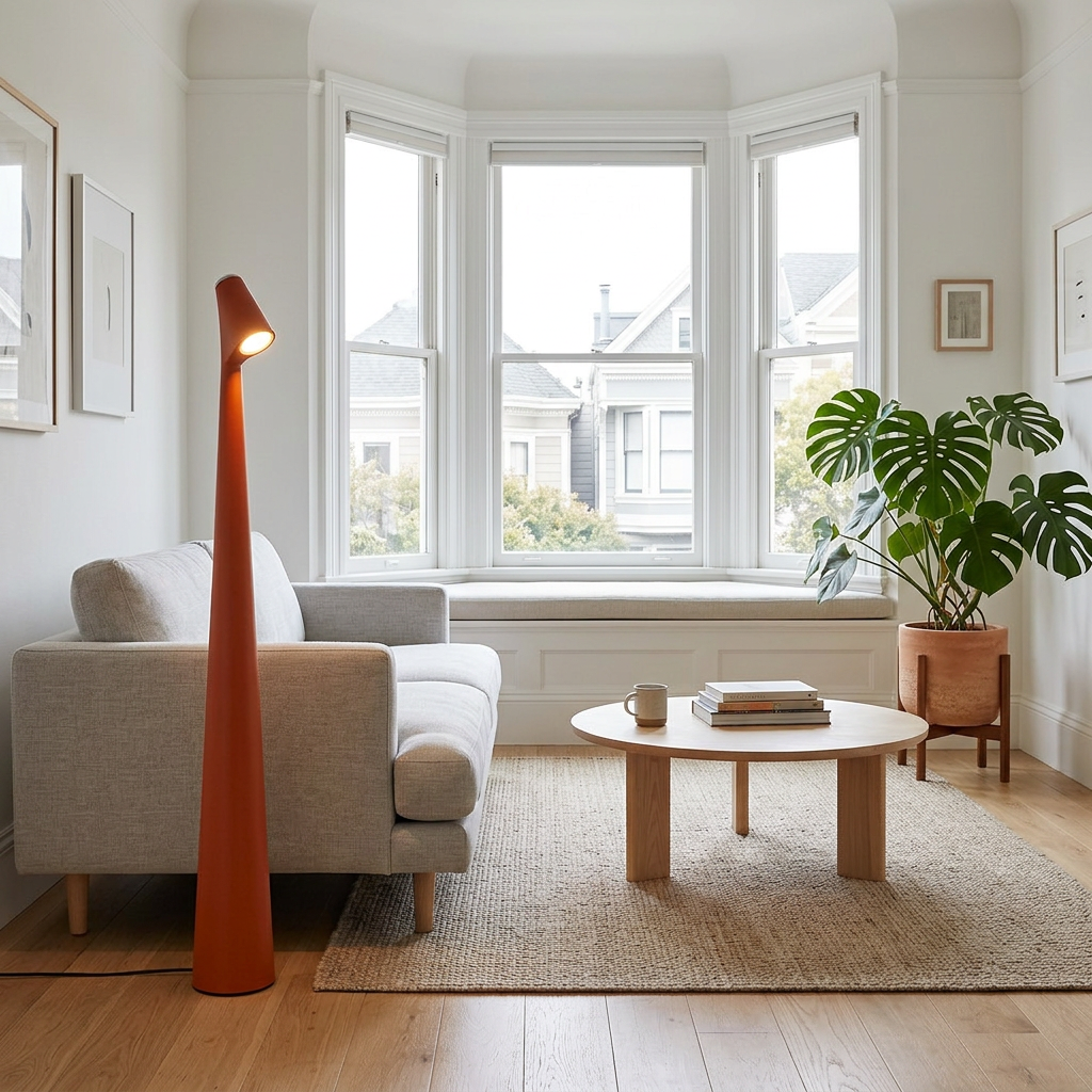 Yselle conical floor lamp in Orange beside a sofa in an apartment living room