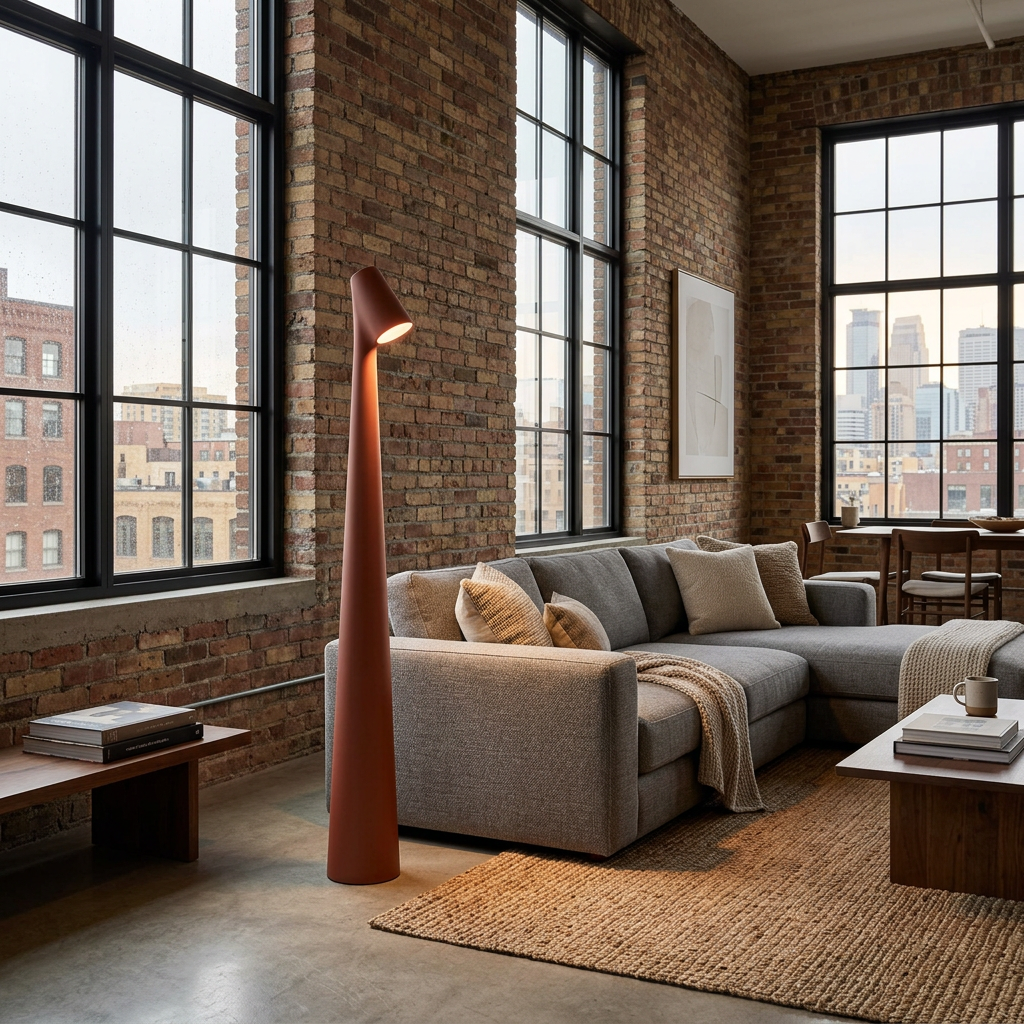 Yselle conical floor lamp in Red beside a sectional in a loft apartment
