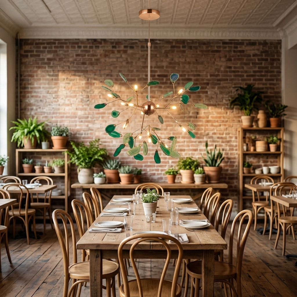 Calliste 16-head green agate rose gold chandelier in an empty Portland, Maine farm-to-table restaurant