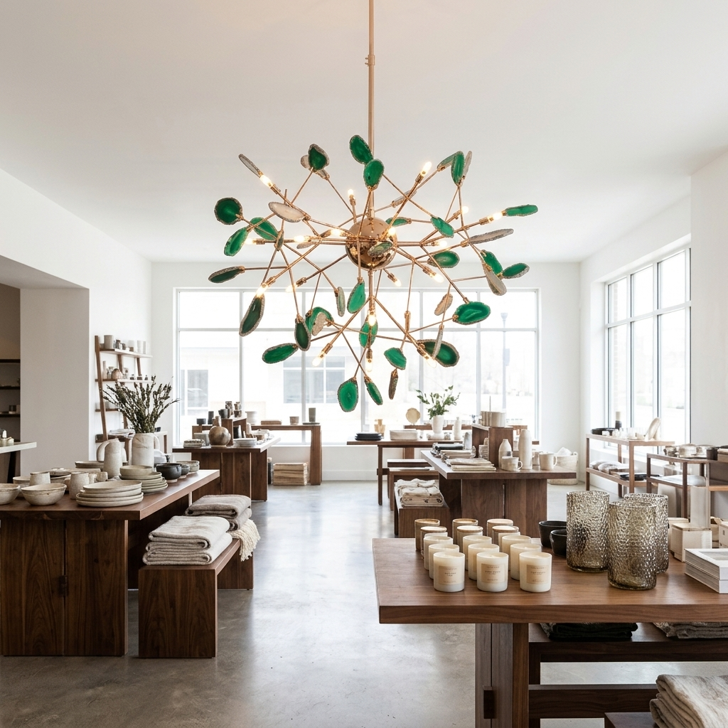 Calliste 20-head green agate rose gold chandelier in an empty Charlotte home decor store