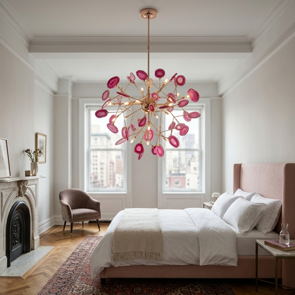 Calliste 20-head pink agate rose gold chandelier in a New York City apartment bedroom