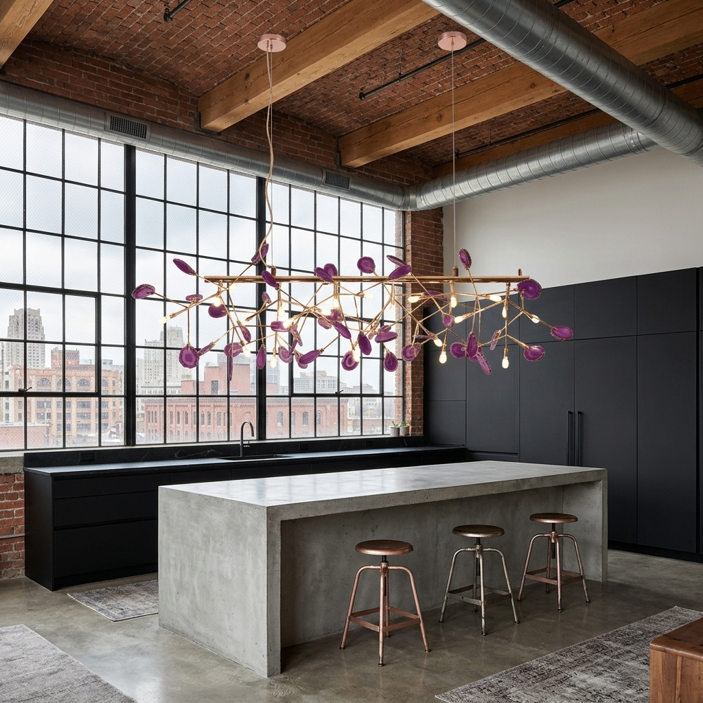 Calliste 24-head linear purple agate rose gold chandelier over a kitchen island in a Detroit loft