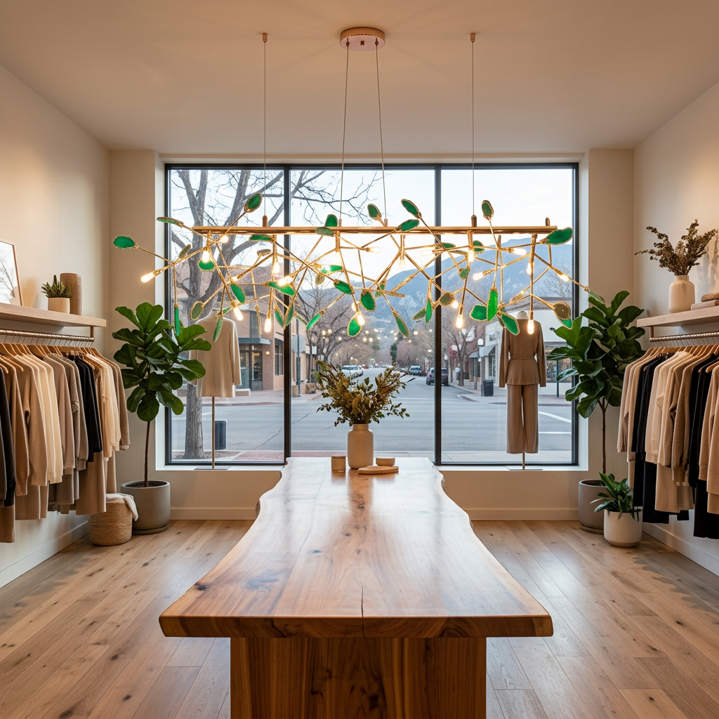 Calliste 24-head linear green agate rose gold chandelier in an empty Boulder clothing boutique