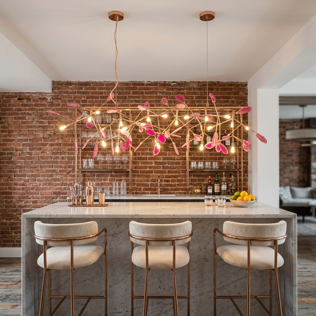 Calliste 24-head linear pink agate rose gold chandelier over a home bar in a Baltimore rowhouse