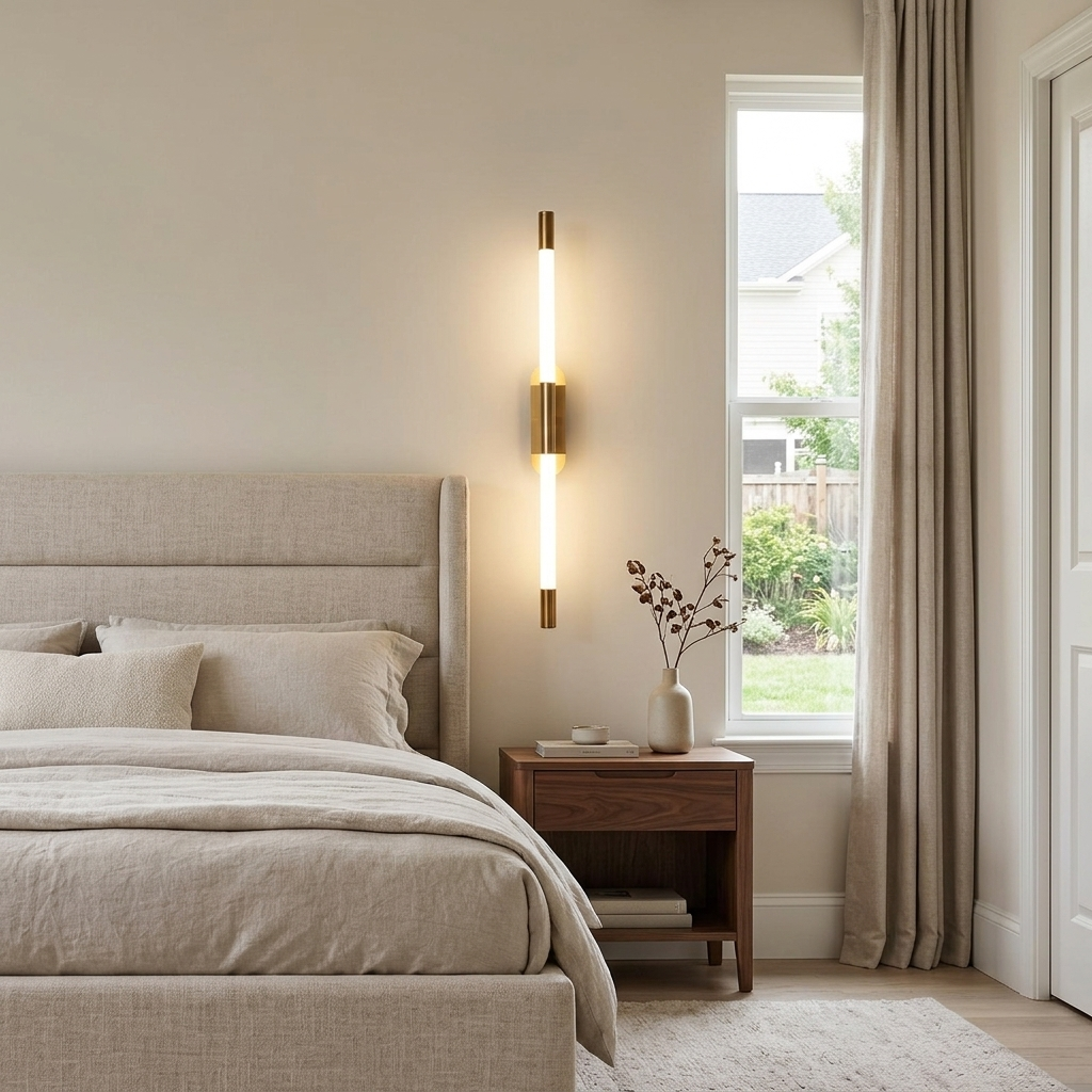 Abelle slim tube LED wall sconce in Gold, suburban bedroom, Charlotte NC