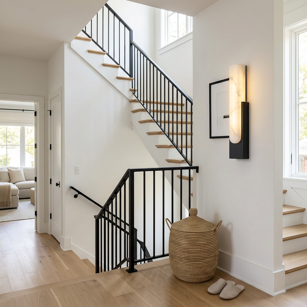 Adrielle alabaster LED wall sconce in Black, farmhouse stair landing, Nashville TN