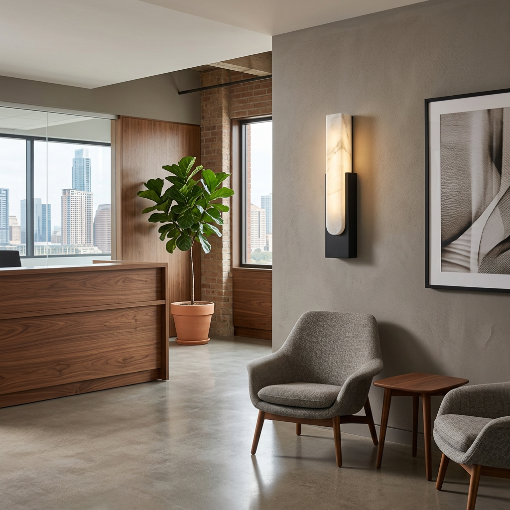 Adrielle alabaster LED wall sconce in Black, office reception, Austin TX
