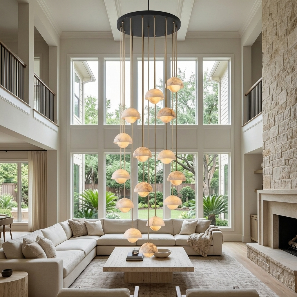 Arabelle 15-light alabaster dome cluster pendant in a two-storey Houston living room