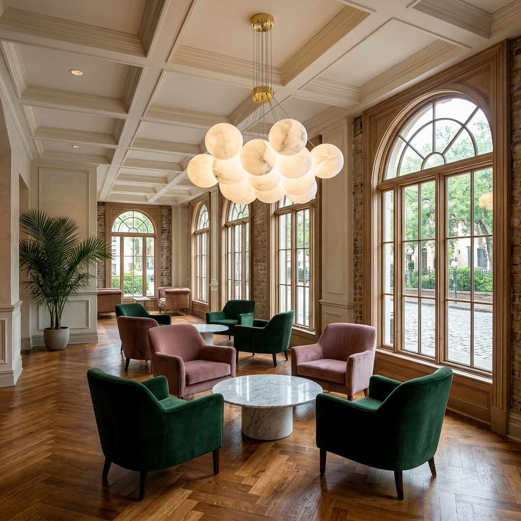 Alix alabaster ball cluster chandelier, 13 lights gold, in a boutique hotel lobby lounge in Savannah, Georgia