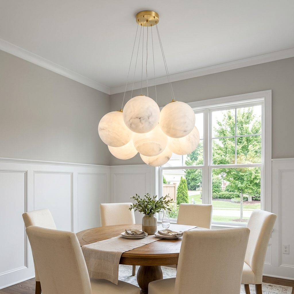Alix alabaster ball cluster chandelier, 7 lights gold, in a suburban family dining room in Charlotte, North Carolina