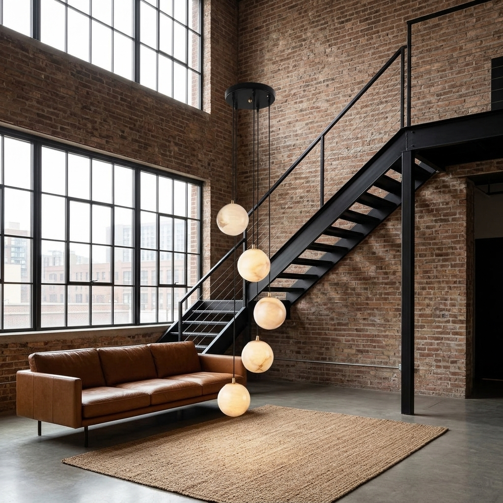 Amadine 5-light alabaster sphere cluster chandelier in a double-height loft apartment