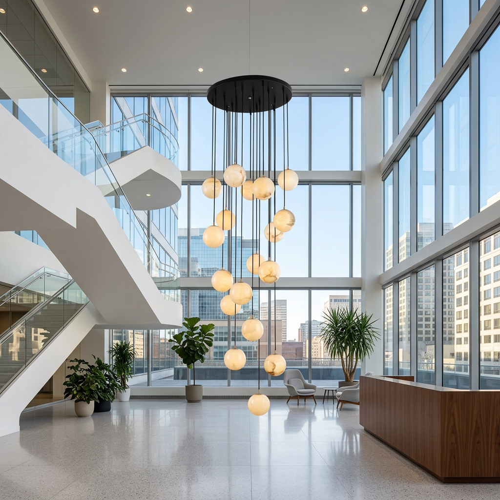 Amadine 18-light alabaster sphere cluster staircase chandelier in an office lobby atrium
