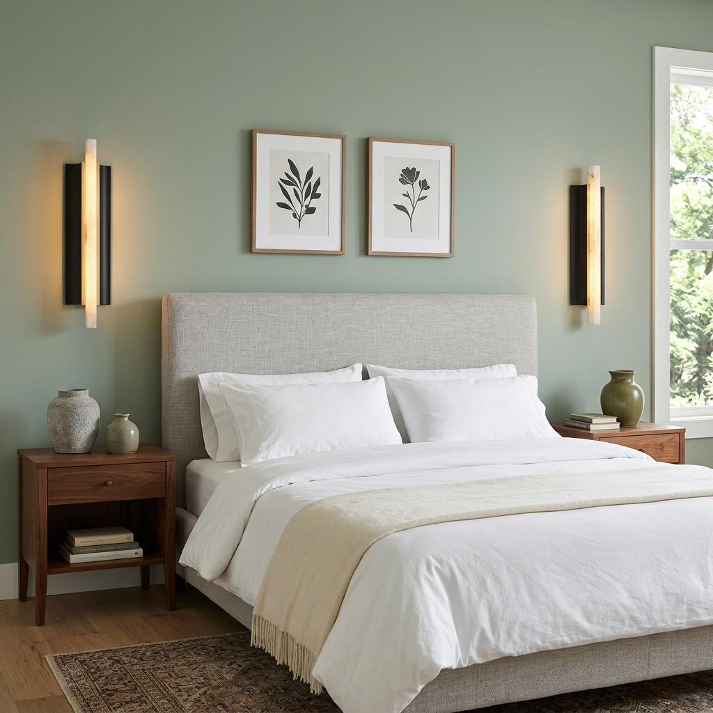 Pair of Amelie black blade alabaster wall sconces beside a bed in a suburban bedroom