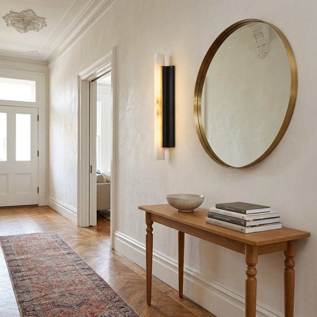 Amelie black blade alabaster wall sconce in an apartment entry hallway