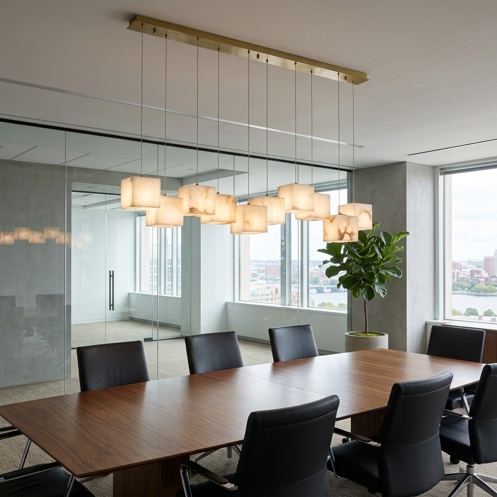 Arelia 10-light alabaster cube cluster pendant over a Boston office conference table