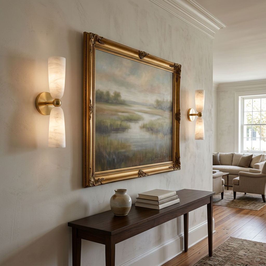 Alvane double bell alabaster wall sconce in gold & white in a boutique hotel lobby in Charleston, South Carolina