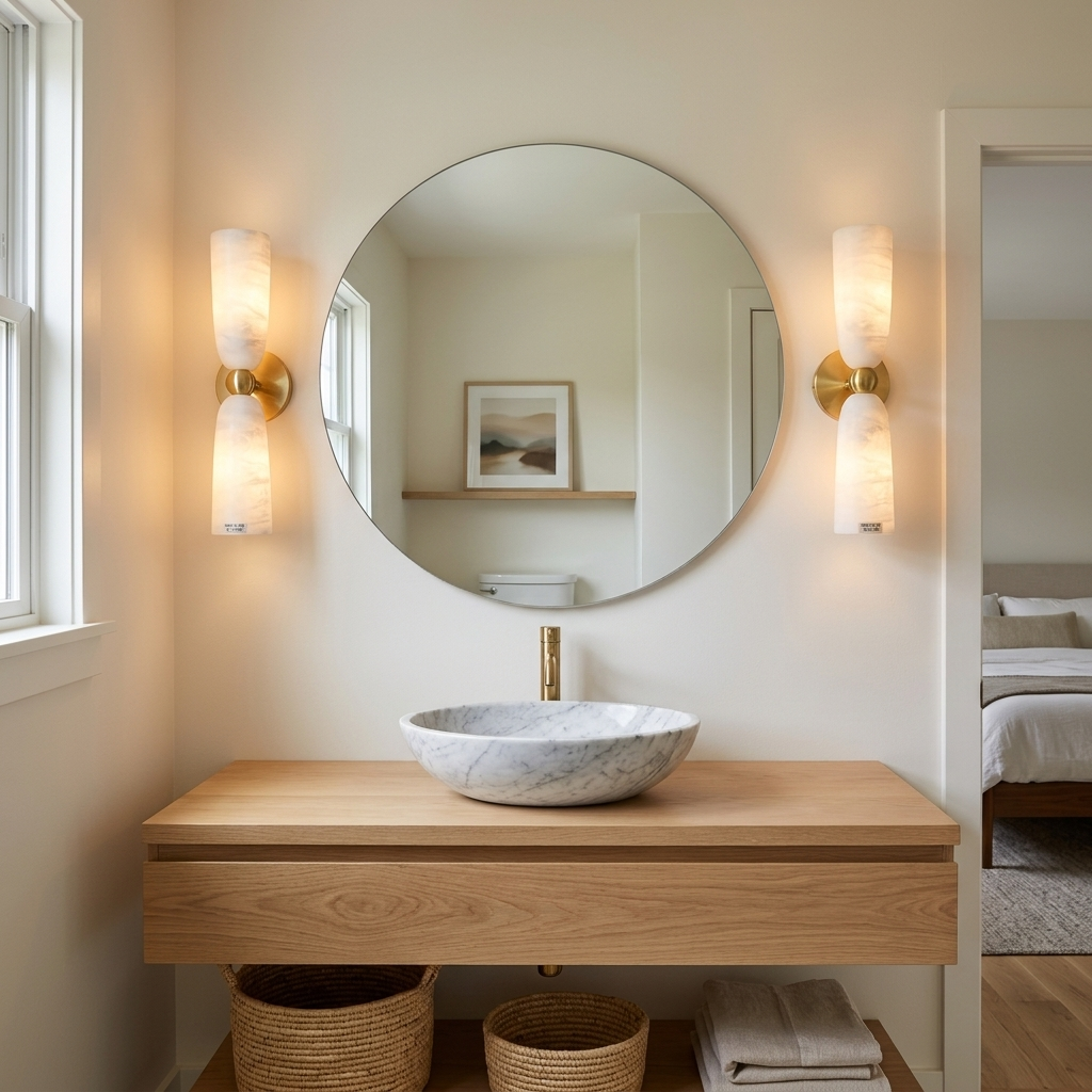 Alvane double bell alabaster wall sconce in gold & white in a bathroom in a suburban house in Columbus, Ohio
