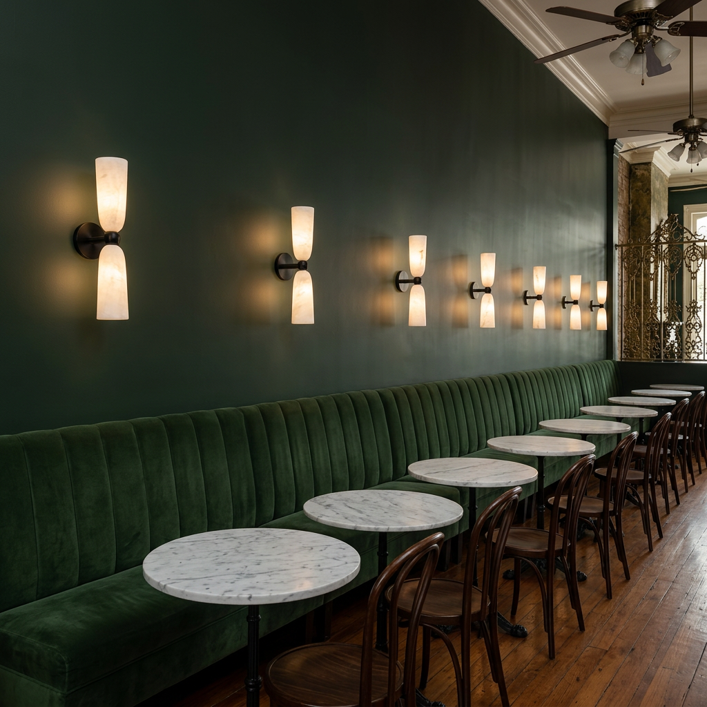 Alvane double bell alabaster wall sconce in black & white in a restaurant in New Orleans, Louisiana