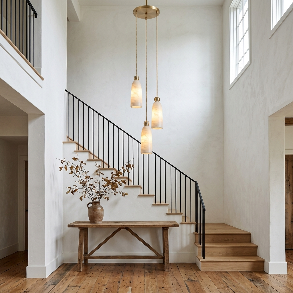 Ansette 3-light alabaster bell cascade pendant in a farmhouse entry foyer