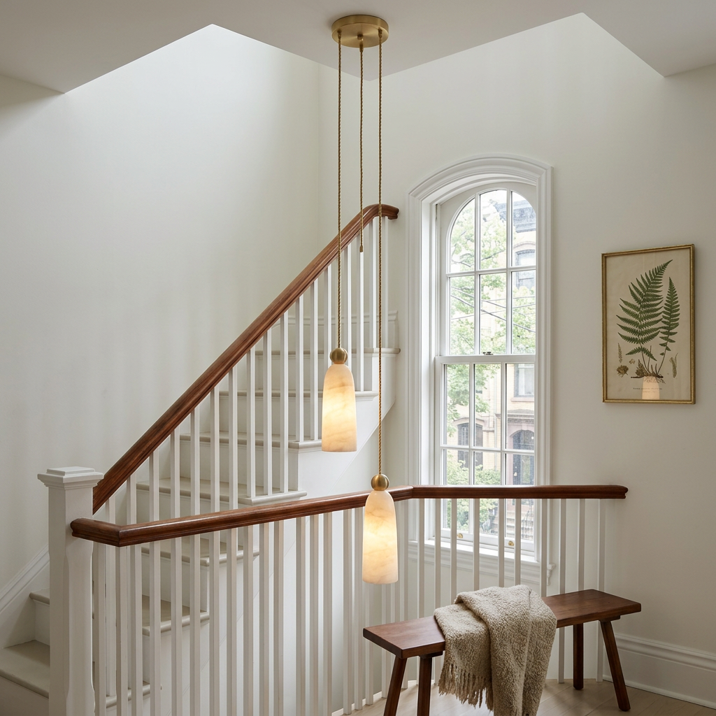Ansette 2-light alabaster bell cascade pendant in a townhouse stairwell