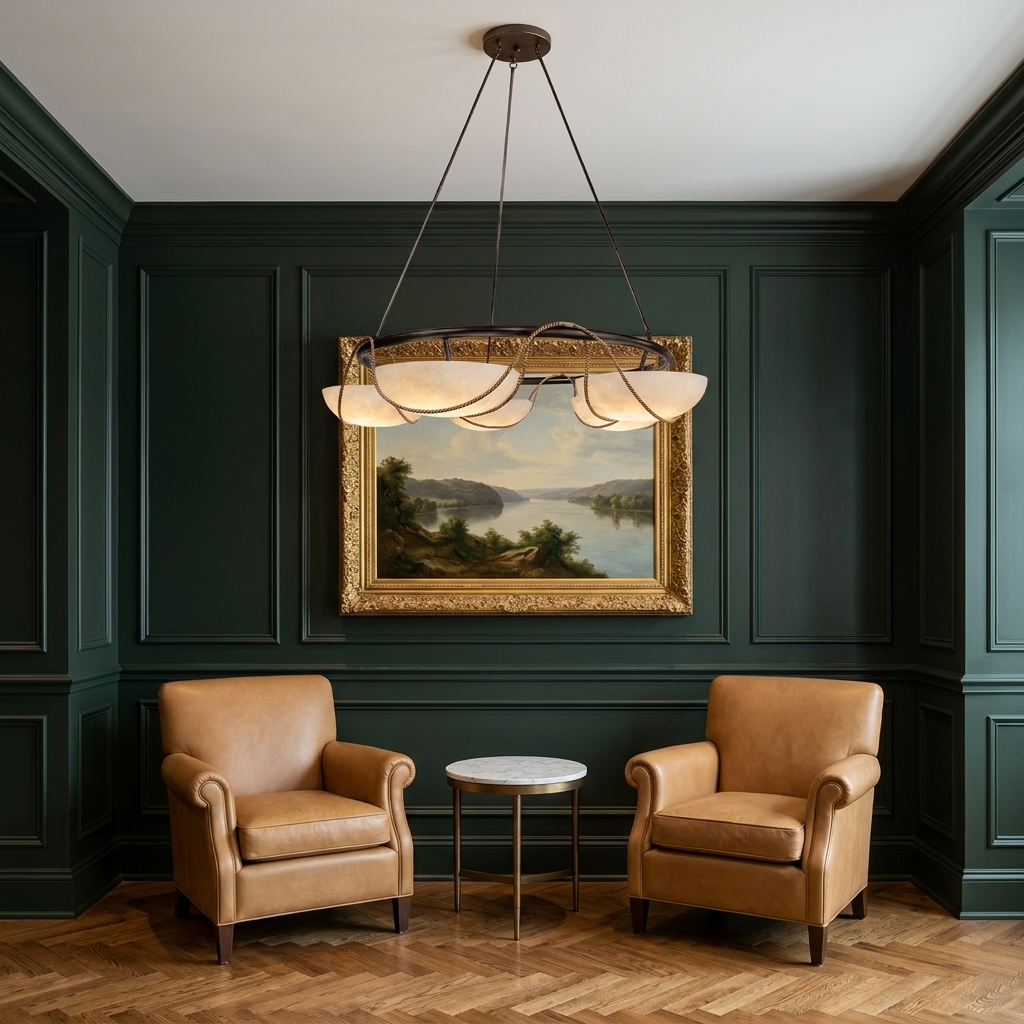 Antheia four bowl alabaster ring chandelier in a boutique hotel lobby