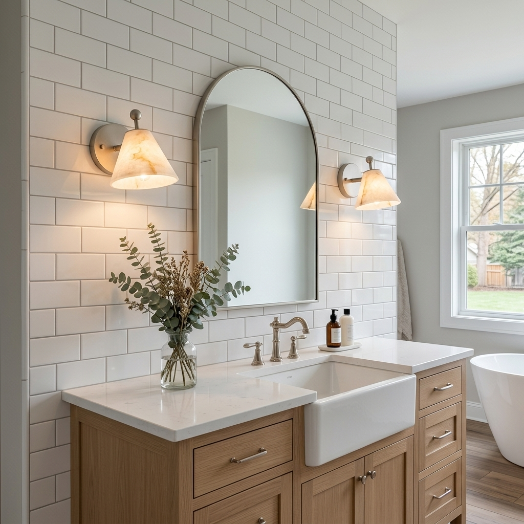 Alcyone alabaster cone wall sconce, Nickel & White: farmhouse bathroom, Minneapolis