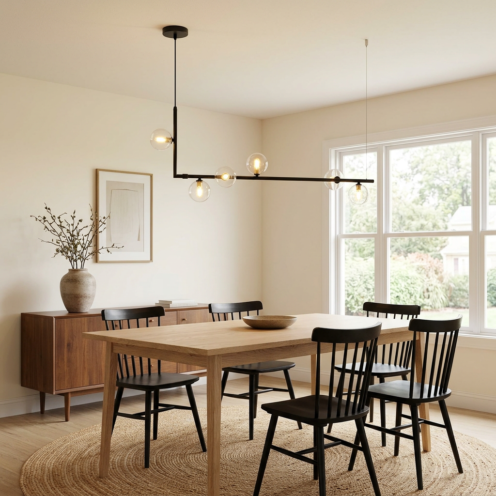 Ailis linear glass globe chandelier, 6 Lights Black: dining room, suburban house, Charlotte NC