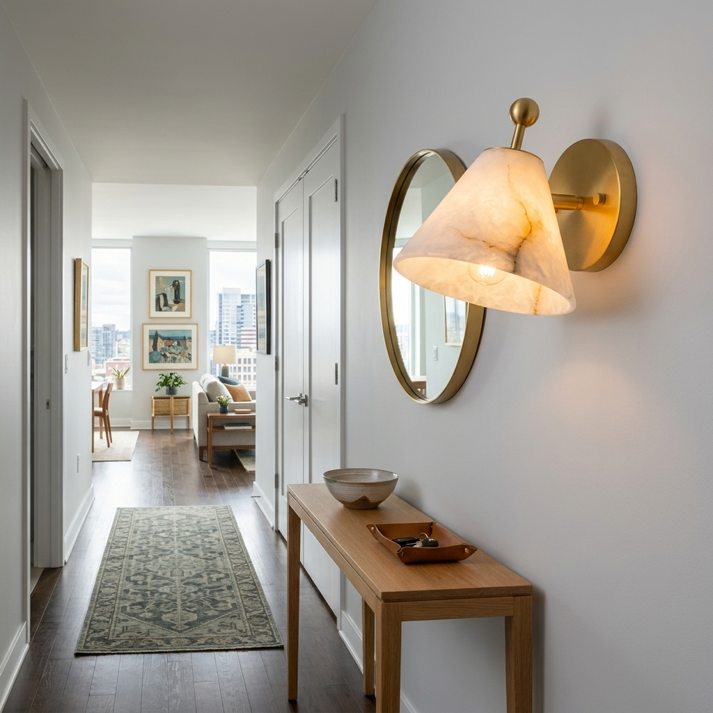 Alcyone alabaster cone wall sconce, Brass & White: apartment hallway, Seattle