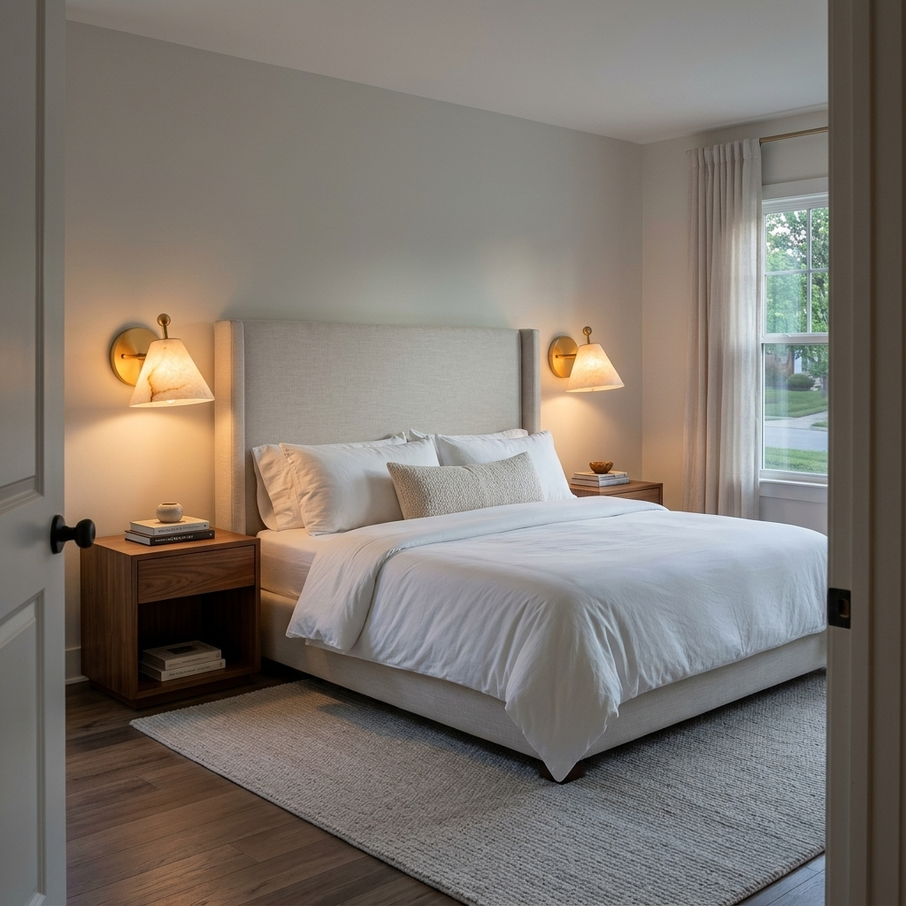 Alcyone alabaster cone wall sconce, Brass & White: bedroom, suburban house, Raleigh NC