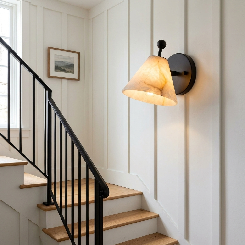 Alcyone alabaster cone wall sconce, Black & White: farmhouse staircase, Burlington VT