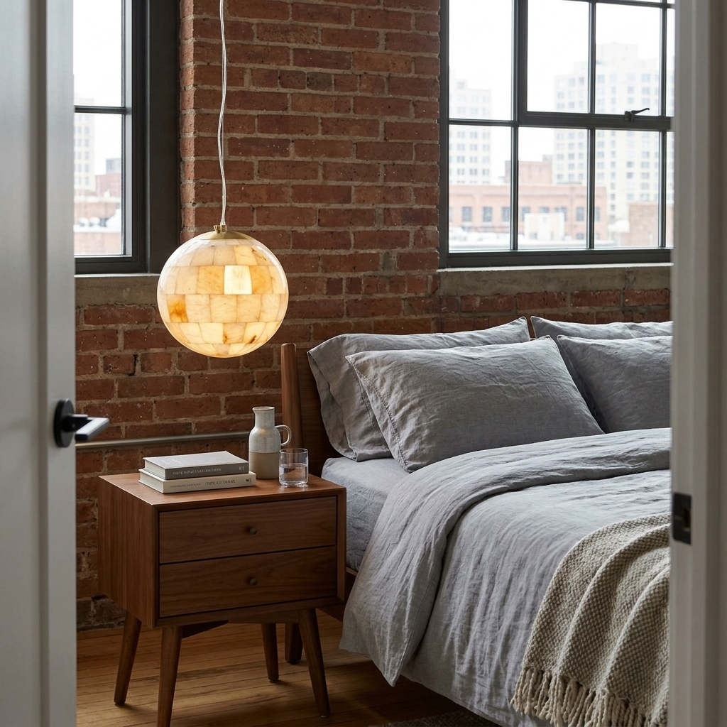 Aldora alabaster globe pendant, single globe: apartment bedroom, Philadelphia