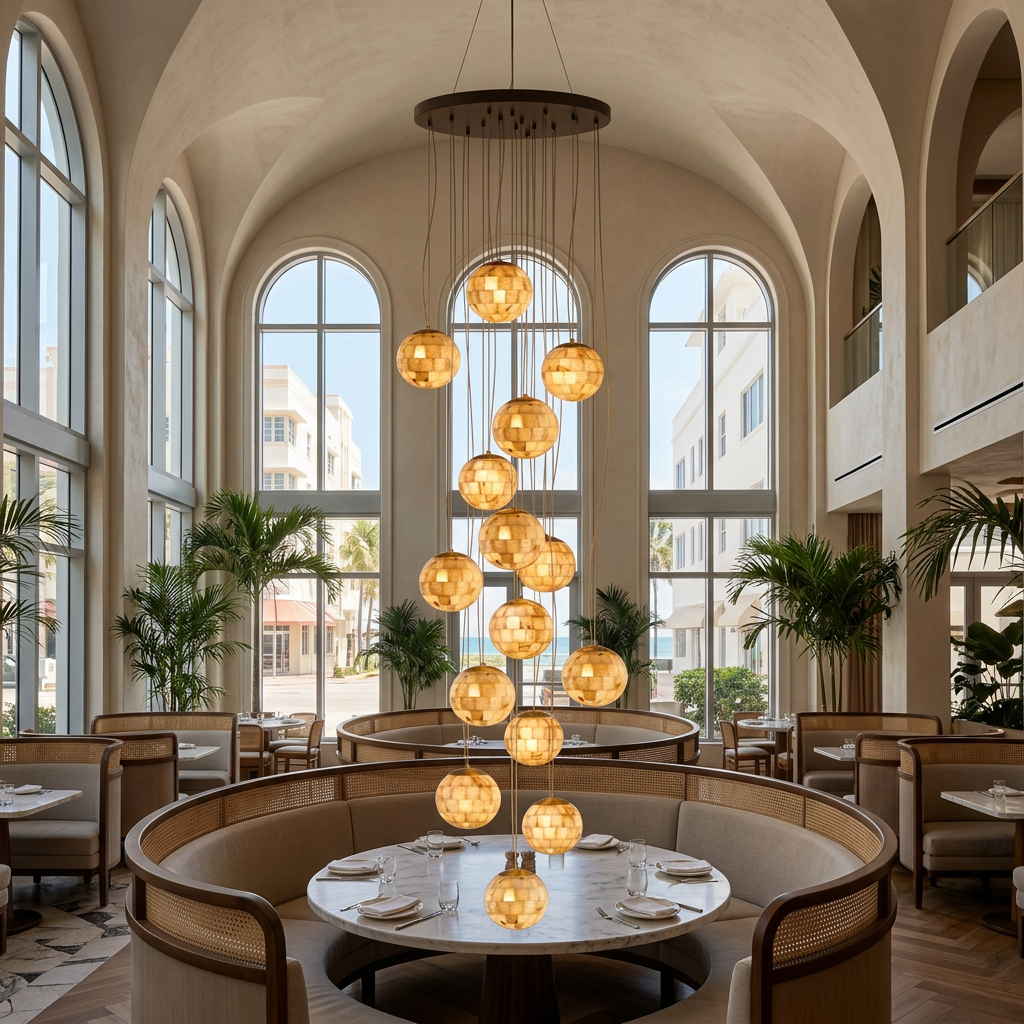 Aldora alabaster globe pendant, 15 Lights: double-height restaurant, Miami