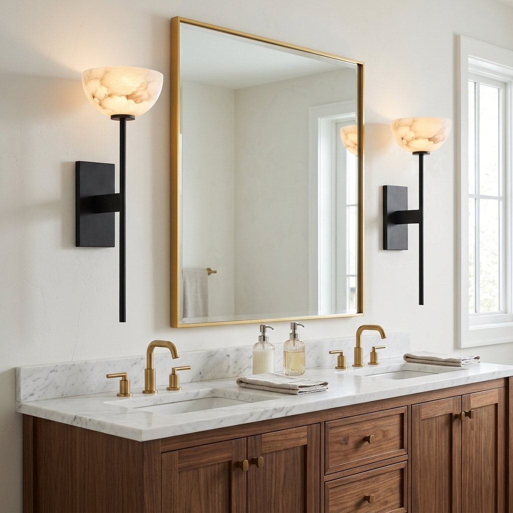 Caelan alabaster cup wall sconces in black flanking a bathroom mirror in a Minneapolis home