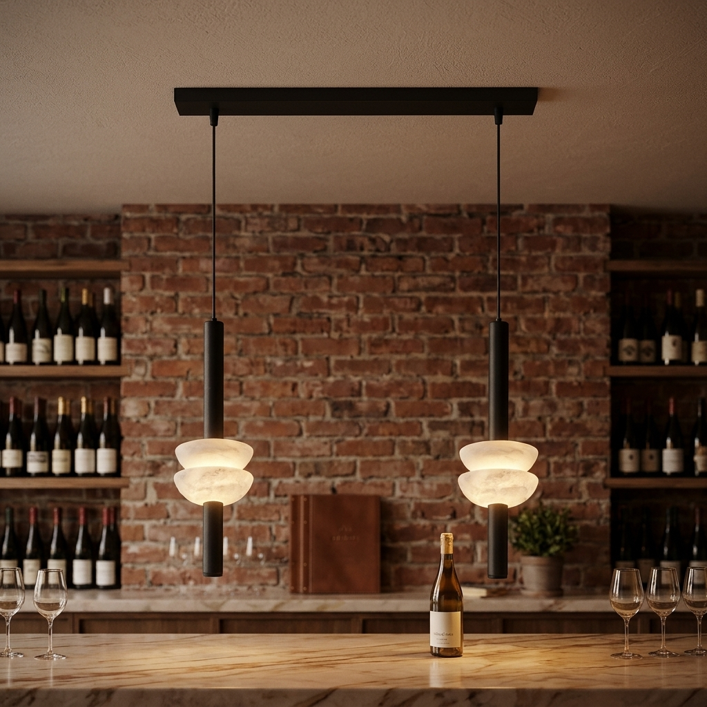 Brontee 2-light linear alabaster pendant in black over a Brooklyn wine bar counter