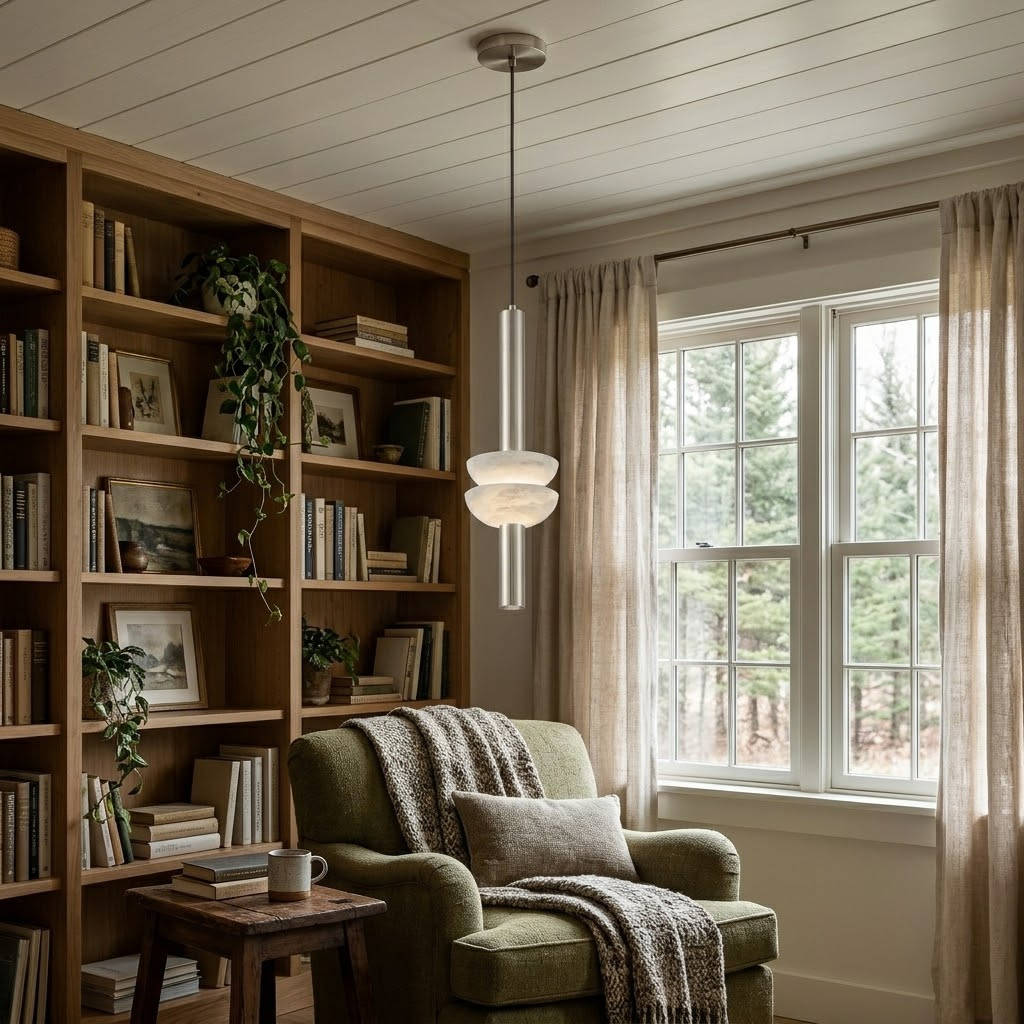 Brontee single alabaster column pendant in nickel above a reading nook in a Vermont cottage