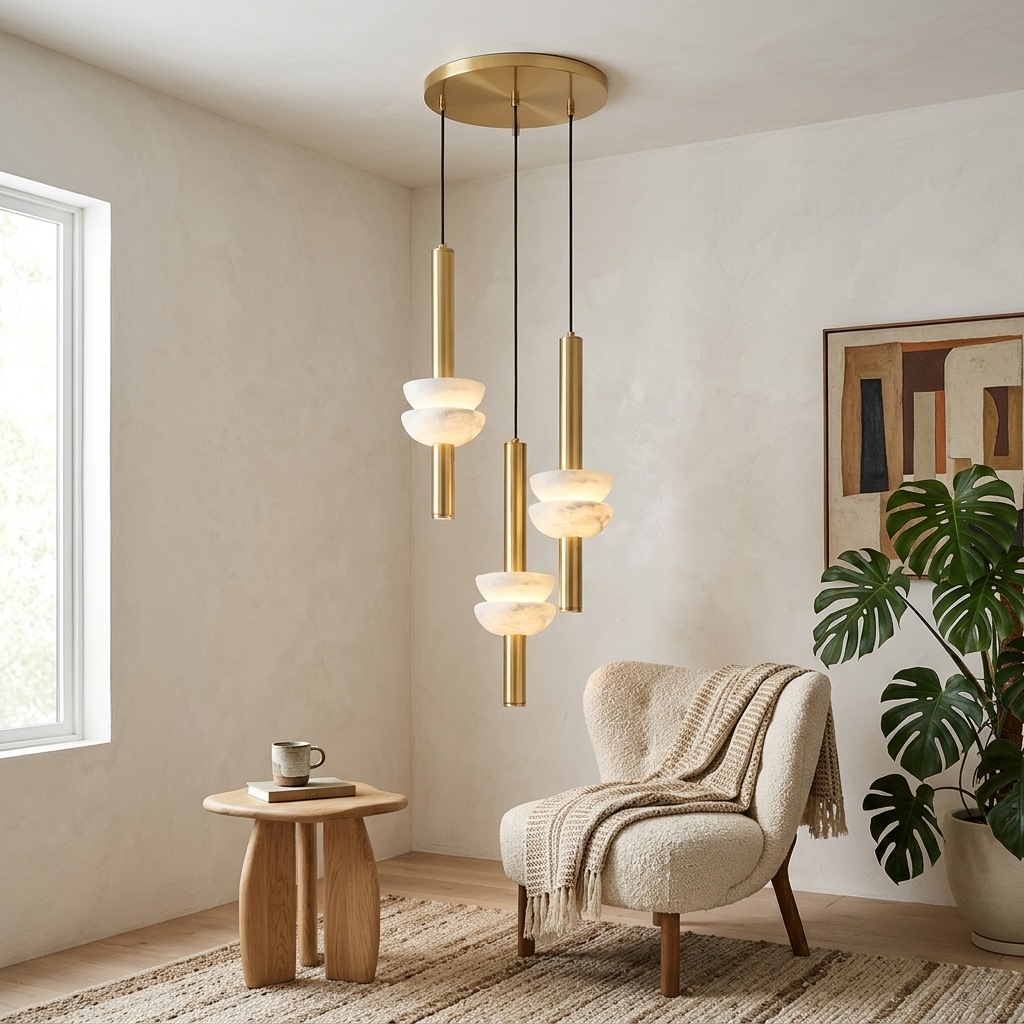 Brontee 3-light round alabaster pendant in gold in a Los Angeles bedroom corner