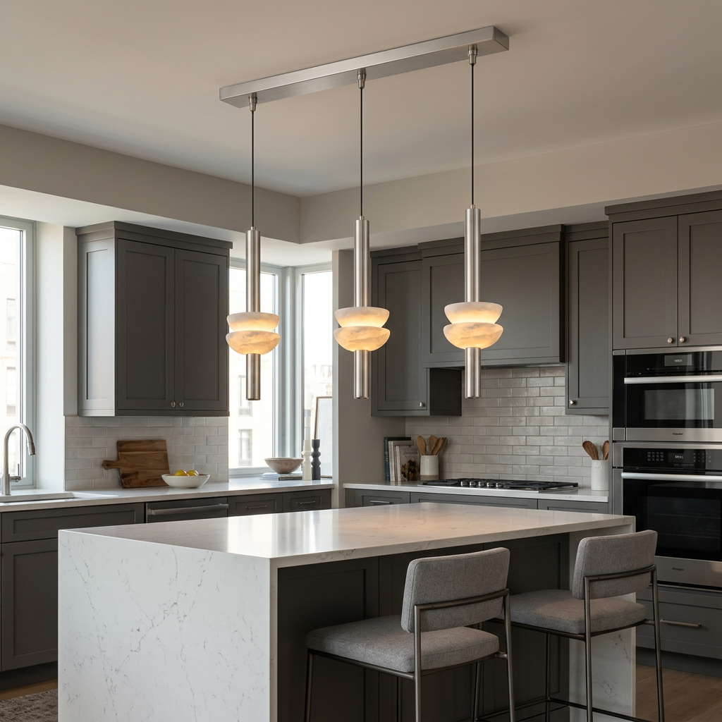 Brontee 3-light linear alabaster pendant in nickel over a Boston condo kitchen island