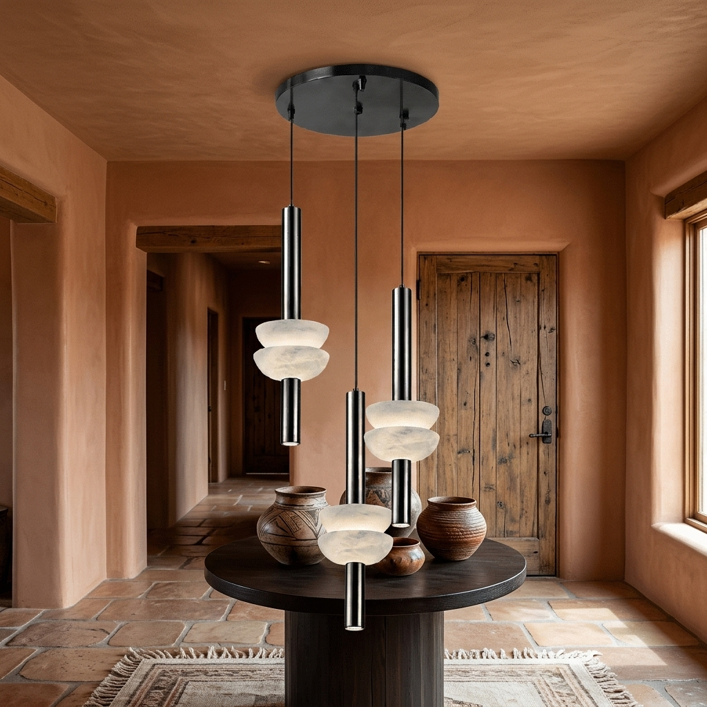 Brontee 3-light round alabaster pendant in black in a Tucson adobe home entry