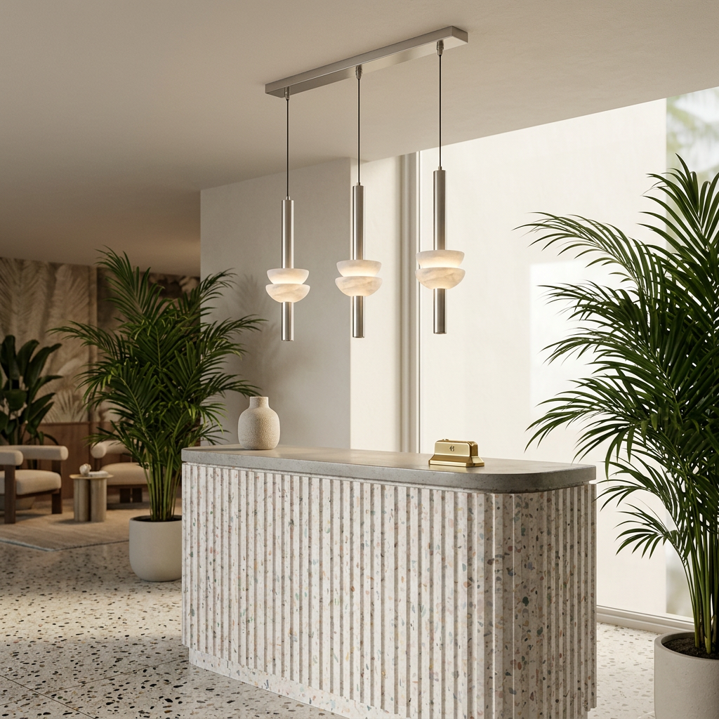 Brontee 3-light linear alabaster pendant in nickel above a Miami Beach hotel reception desk
