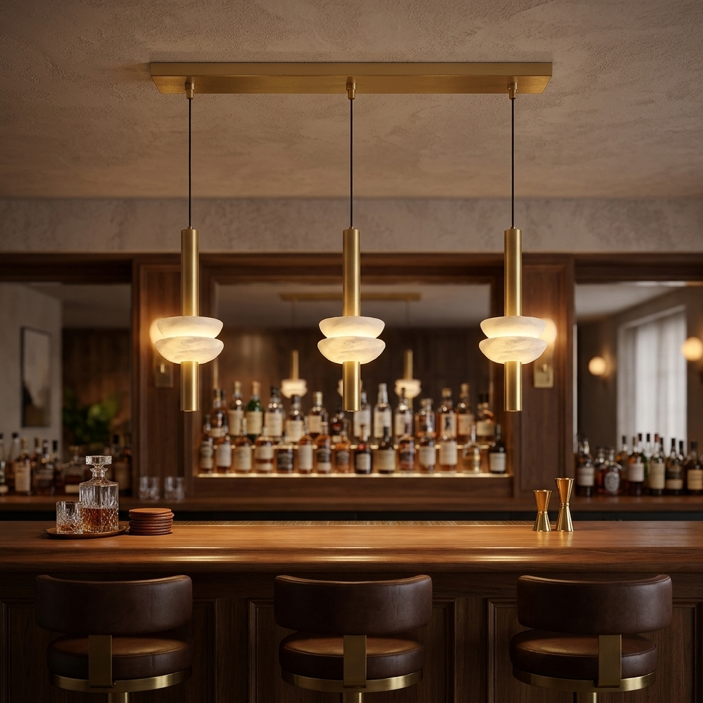 Brontee 3-light linear alabaster pendant in gold over a Nashville restaurant bar