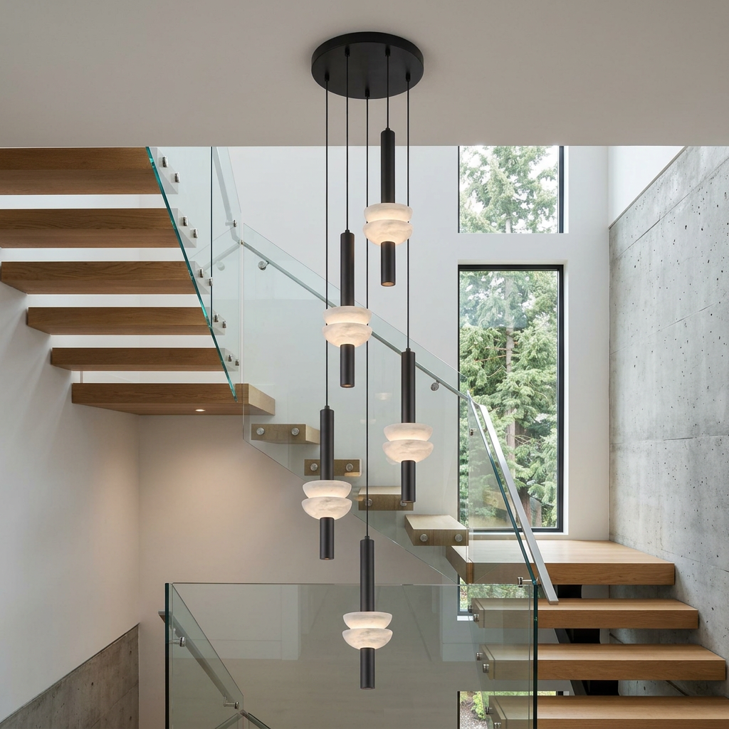 Brontee 5-head alabaster cluster pendant in black in a Seattle modern home stairwell