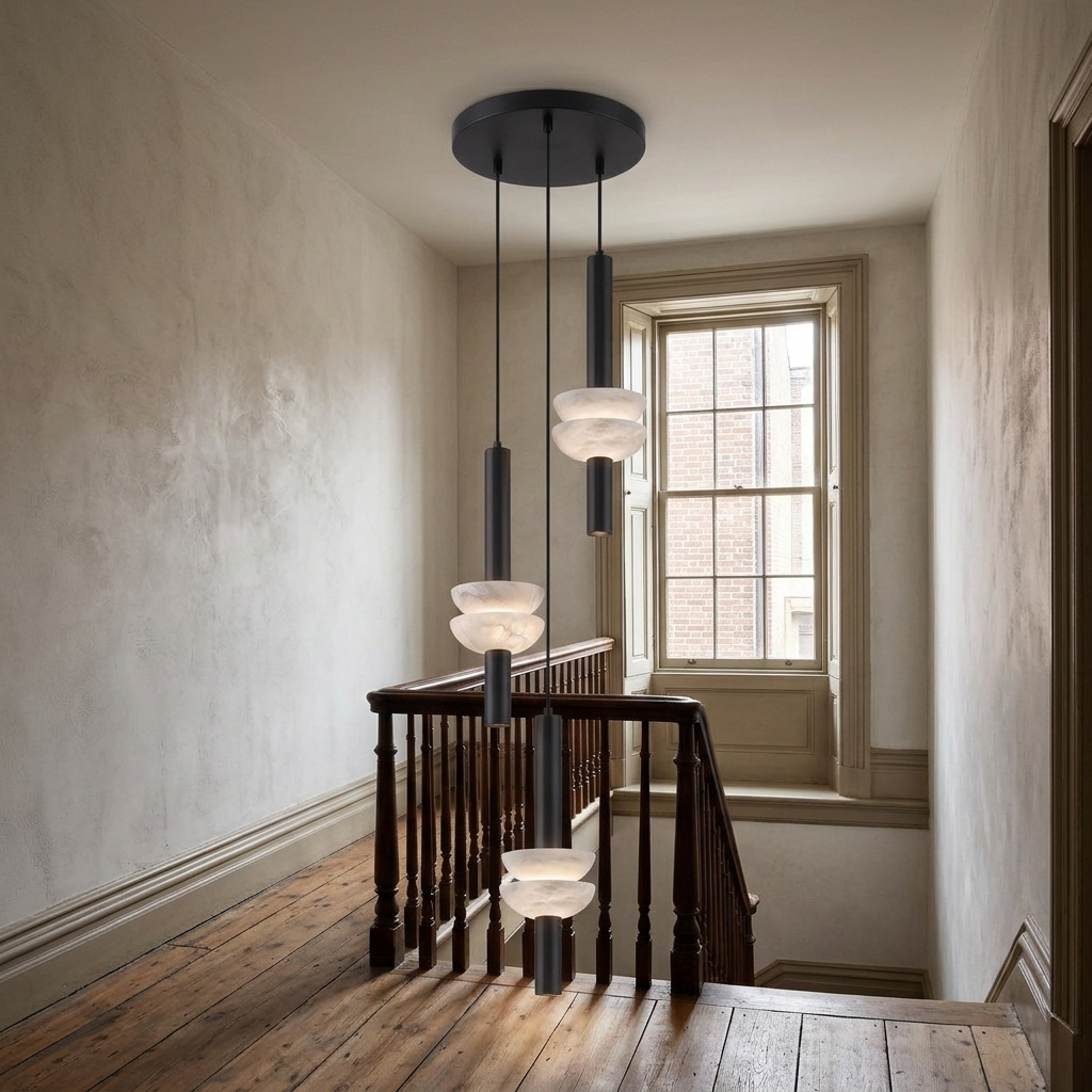 Brontee 3-head alabaster cluster pendant in black at a Philadelphia townhouse stair landing