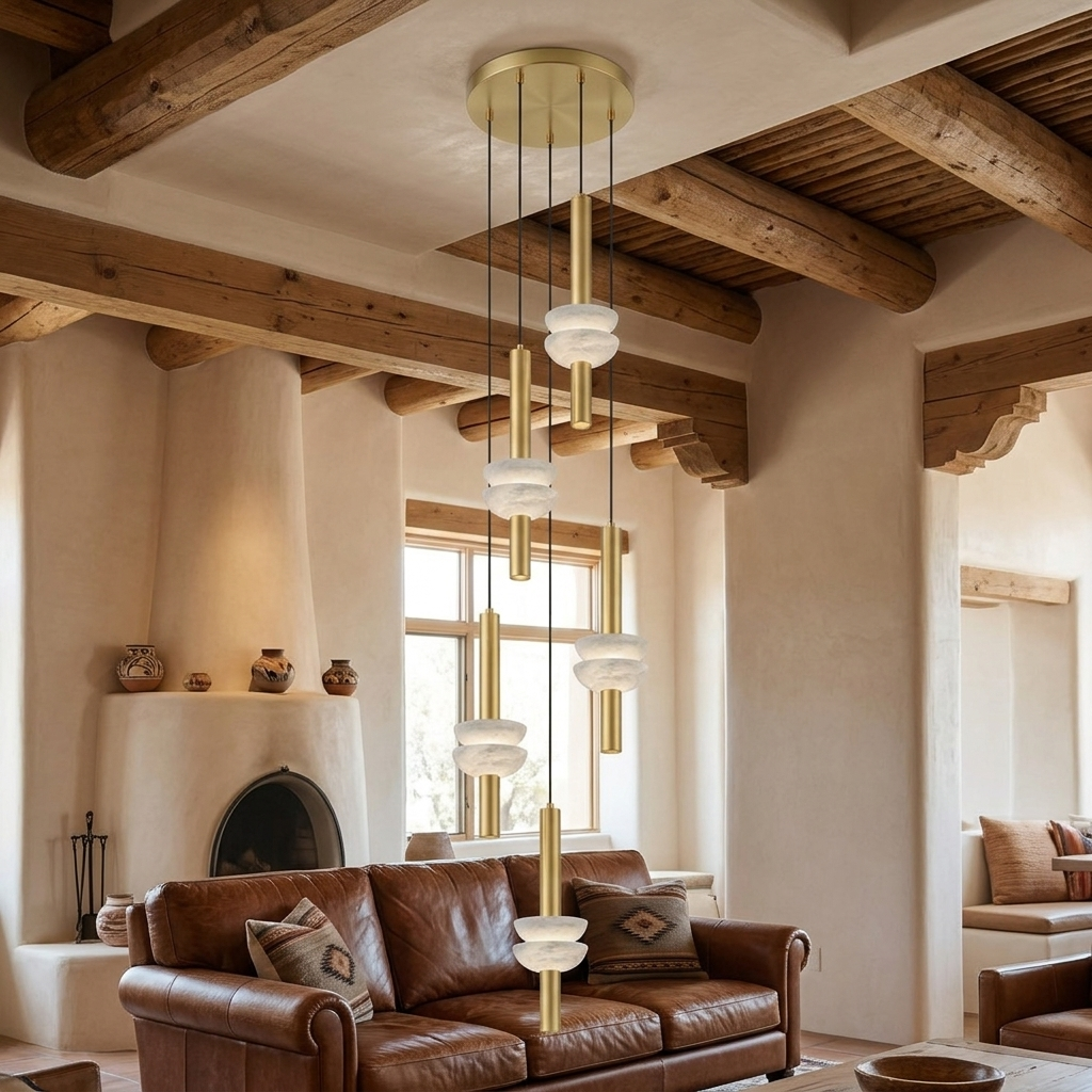 Brontee 5-head alabaster cluster pendant in gold in a Santa Fe hotel lobby